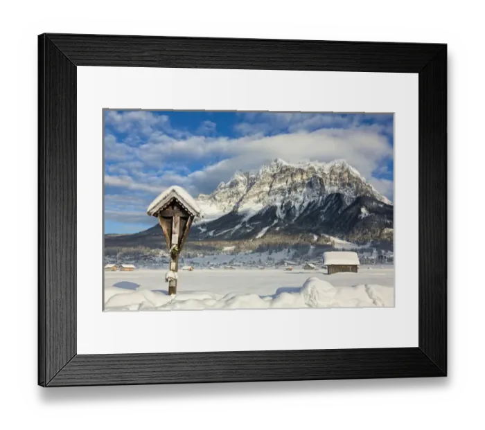 Framed Print : Wetterstein mountain chain with Mt. Zugspitze from Ehrwald with wayside cross, Austria Framed Print : Wetterstein mountain chain with Mt. Zugspitze from Ehrwald with wayside cross, Austria