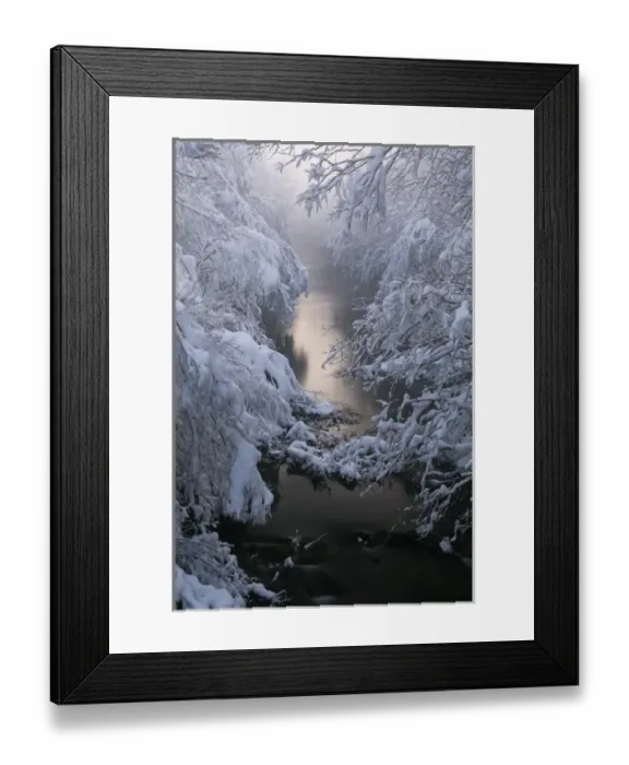 Framed Print : Creek Kleine Ach in the Lermooser Moos wetlands after sunset during winter with deep snow
