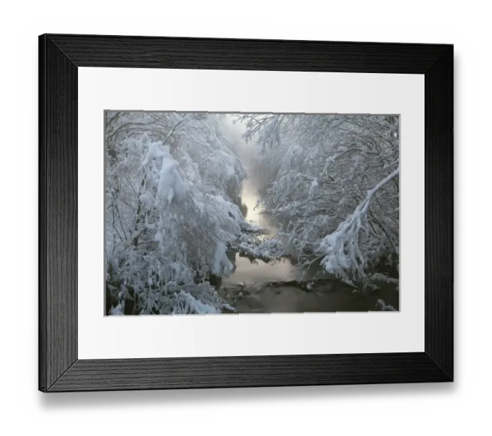 Framed Print : Creek Kleine Ach in the Lermooser Moos wetlands after sunset during winter with deep snow Framed Print : Creek Kleine Ach in the Lermooser Moos wetlands after sunset during winter with deep snow