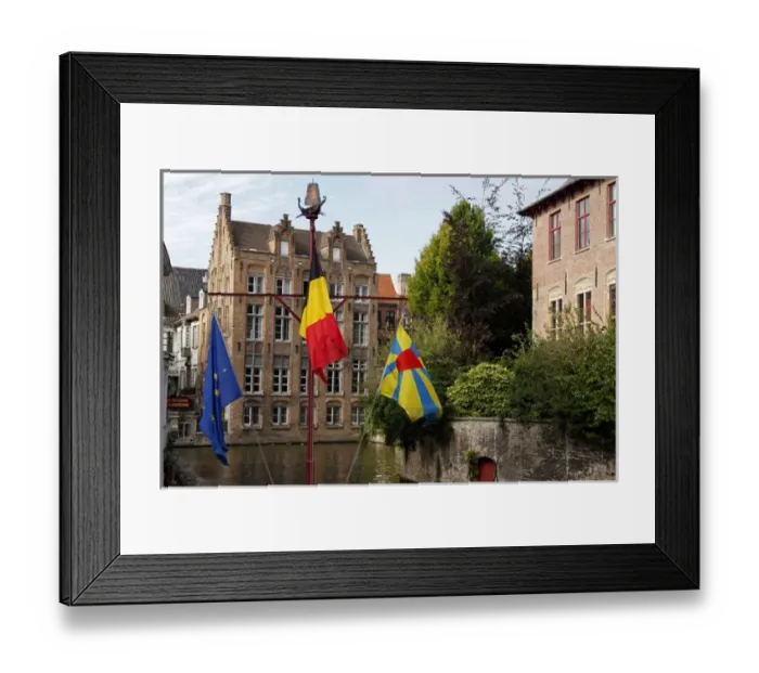 Framed Print : Europe, Belgium, Brugges. Flags in Brugges