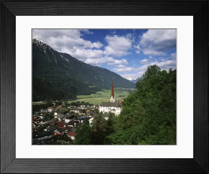 Framed Print : Austria, Tyrol, Oetz, View of town, churches and houses Framed Print : Austria, Tyrol, Oetz, View of town, churches and houses