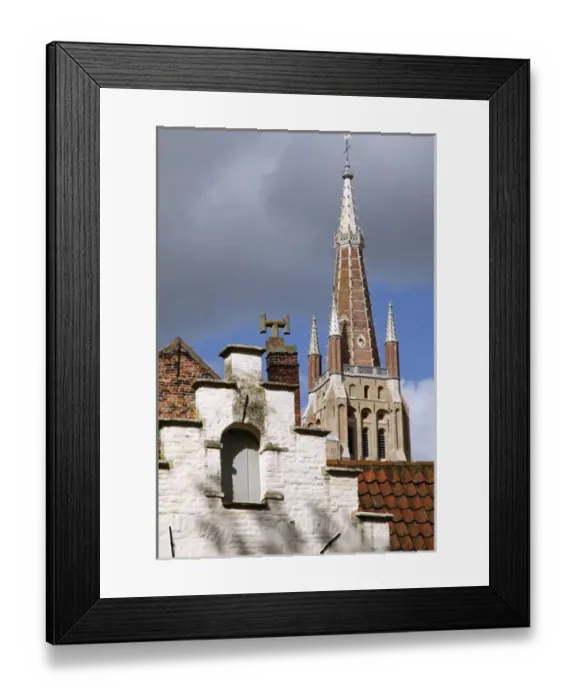 Framed Print : Europe, Belgium, Brugges. Stepped Gable and Steeple of Brugges