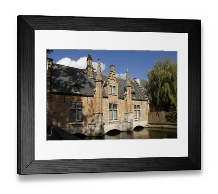Framed Print : Europe, Belgium, Brugges. Canal buidling in Brugges