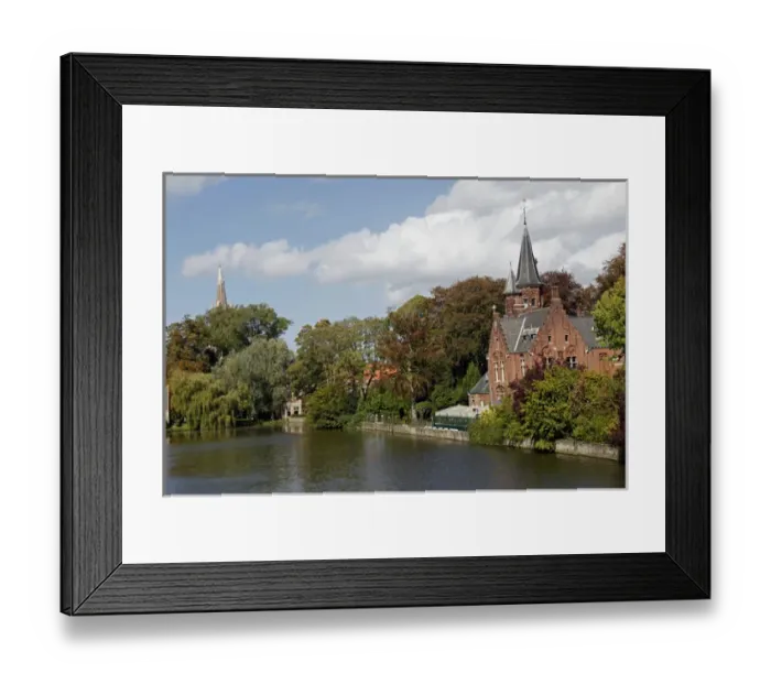 Framed Print : Europe, Belgium, Brugges. Brick church on Minnewater Framed Print : Europe, Belgium, Brugges. Brick church on Minnewater