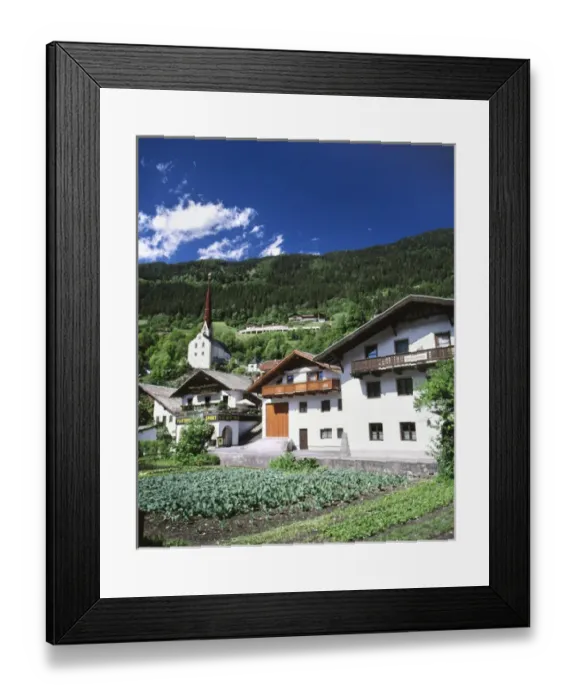 Framed Print : Austria, Tyrol, Oetz, View of town, churches and houses Framed Print : Austria, Tyrol, Oetz, View of town, churches and houses