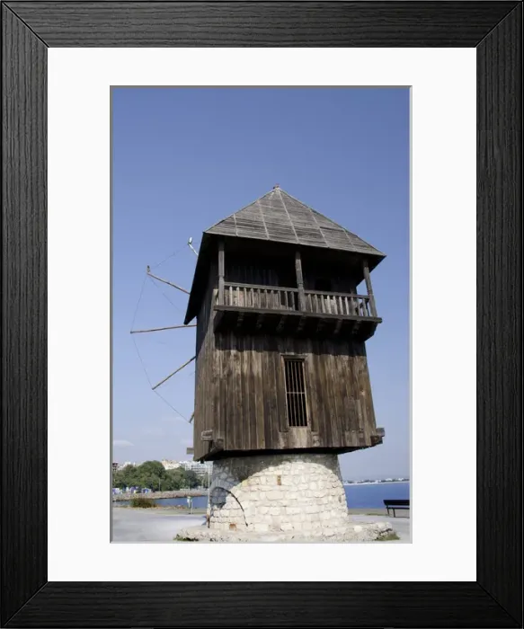 Framed Print : Bulgaria, Nessebur (aka Nessebar or Nesebar). Mid-18th century historic waterfront wooden windmill Framed Print : Bulgaria, Nessebur (aka Nessebar or Nesebar). Mid-18th century historic waterfront wooden windmill