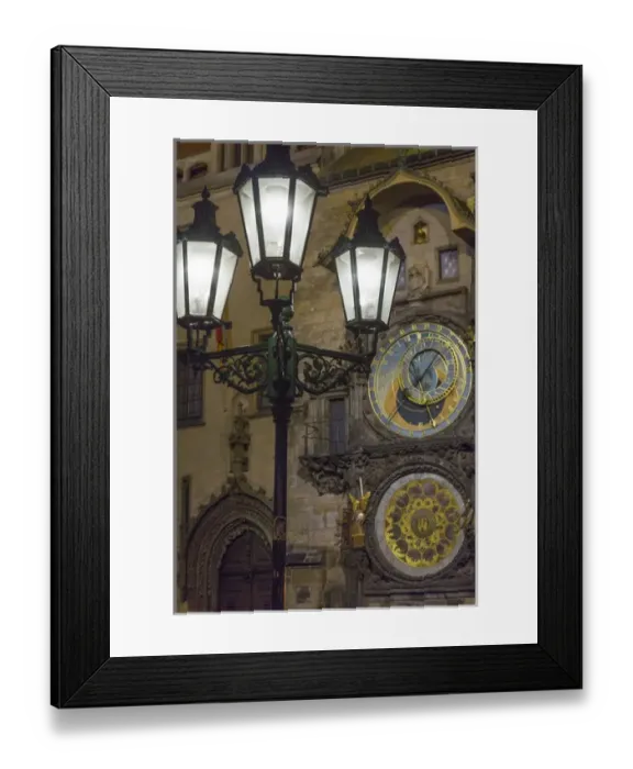 Framed Print : Europe, Czech Republic, Prague. Street lamp and Astronomical Clock at night. Credit as