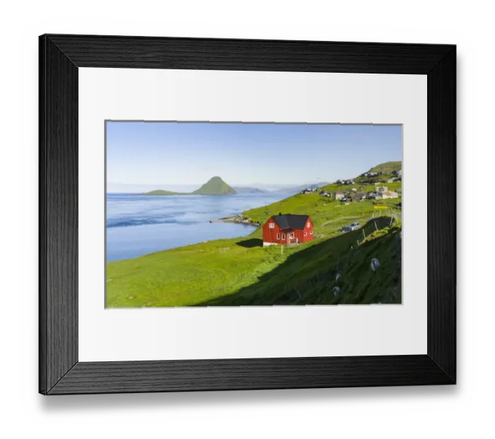 Framed Print : Koltur island at sunrise, the island Vagar in the background, village Velbastadur in the foreground Framed Print : Koltur island at sunrise, the island Vagar in the background, village Velbastadur in the foreground