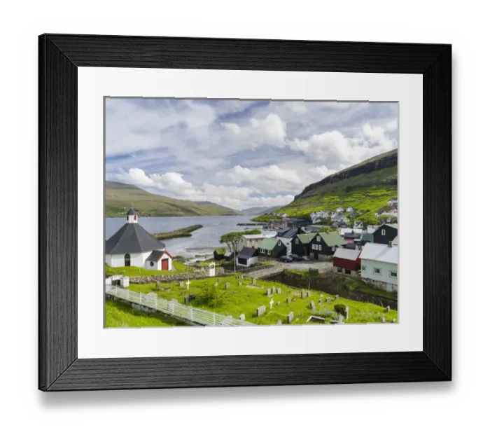 Framed Print : Village Haldarsvik am Sundini, Eysturoy in the background Framed Print : Village Haldarsvik am Sundini, Eysturoy in the background