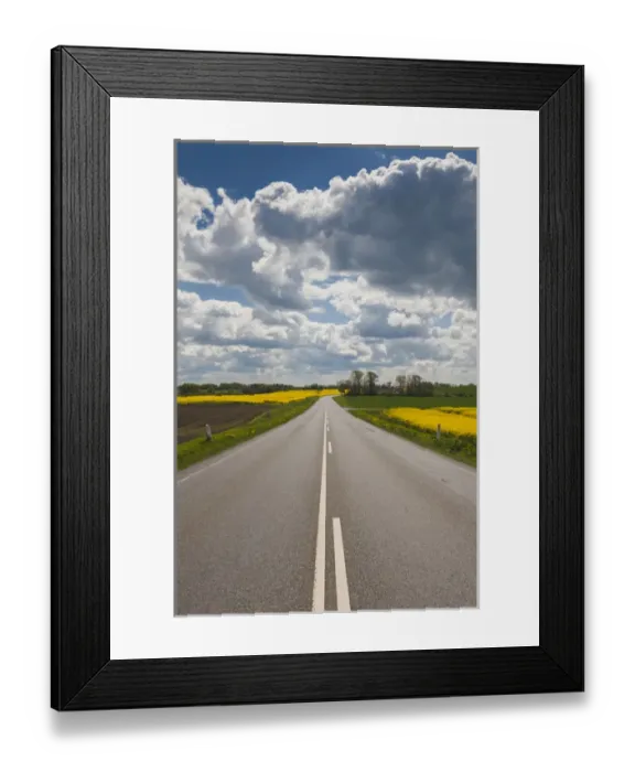 Framed Print : Denmark, Jutland, Hobro, country road with rapeseed fields, springtime Framed Print : Denmark, Jutland, Hobro, country road with rapeseed fields, springtime