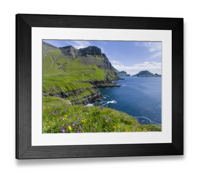 Framed Print : The coast near Gasadalur. The island Vagar, part of the Faroe Islands in the North Atlantic