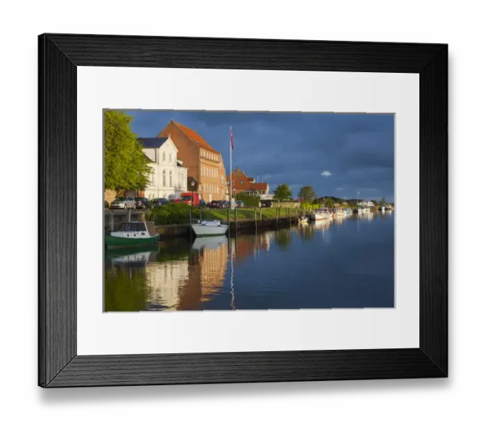 Framed Print : Denmark, Jutland, Ribe, town view from the Ribe River, dawn Framed Print : Denmark, Jutland, Ribe, town view from the Ribe River, dawn