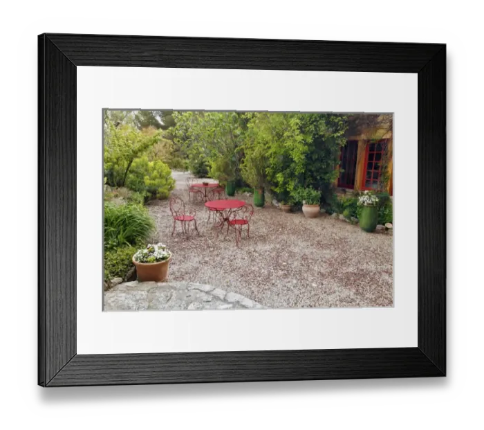 Framed Print : Red tables and chairs in outdoor sitting area, Provence region of southern France Framed Print : Red tables and chairs in outdoor sitting area, Provence region of southern France