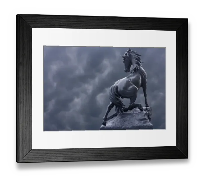 Framed Print : France, Paris. Horse sculpture against storm clouds at entrance of Musee d Orsay