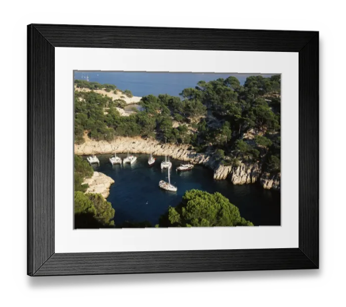 Framed Print : France, Bouches-du-Rhone, Boats moored at Calanque de Port-Pin Framed Print : France, Bouches-du-Rhone, Boats moored at Calanque de Port-Pin