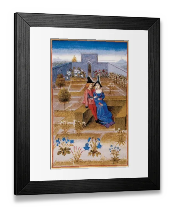 Framed Print : Two lovers in the garden. Miniature. Chantilly castle. France