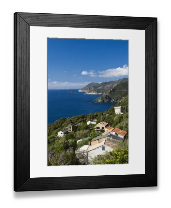 Framed Print : France, Corsica, Haute-Corse Department, Le Cap Corse, Pino, elevated town view Framed Print : France, Corsica, Haute-Corse Department, Le Cap Corse, Pino, elevated town view