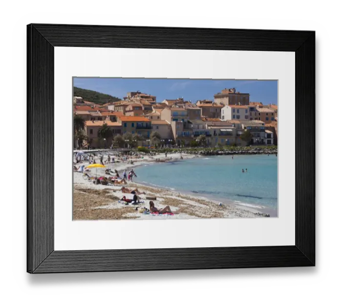 Framed Print : France, Corsica, Haute-Corse Department, La Balagne Region, Ile Rousse, town beach Framed Print : France, Corsica, Haute-Corse Department, La Balagne Region, Ile Rousse, town beach
