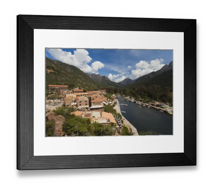 Framed Print : France, Corsica, Corse-du-Sud Department, Calanche Region, Porto, elevated town view Framed Print : France, Corsica, Corse-du-Sud Department, Calanche Region, Porto, elevated town view