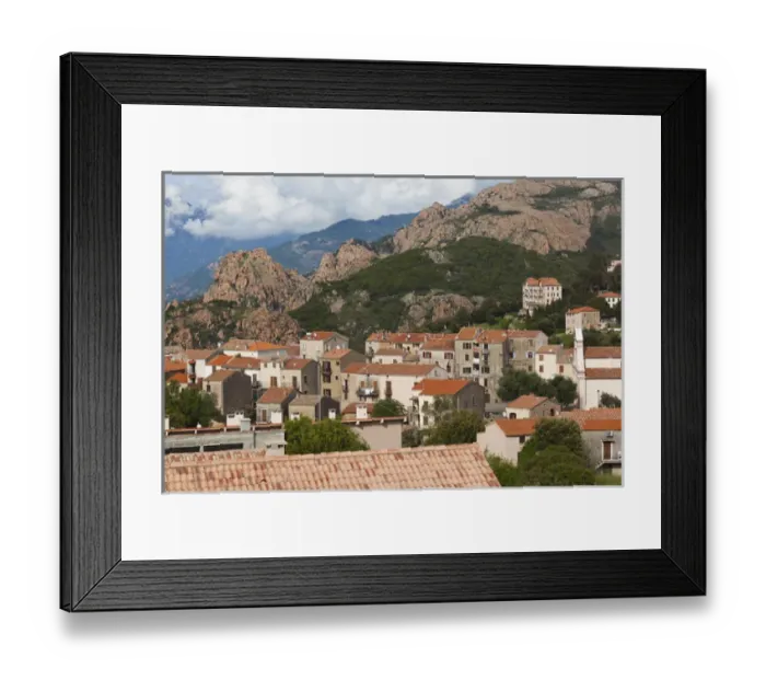 Framed Print : France, Corsica, Corse-du-Sud Department, Calanche Region, Piana, elevated town view Framed Print : France, Corsica, Corse-du-Sud Department, Calanche Region, Piana, elevated town view