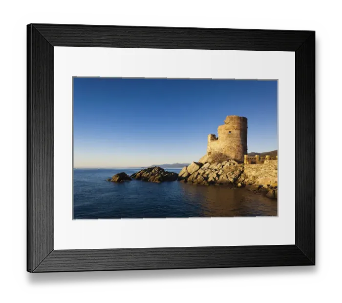 Framed Print : France, Corsica, Haute-Corse Department, Le Cap Corse, Erbalunga, Genoese Tower, dawn