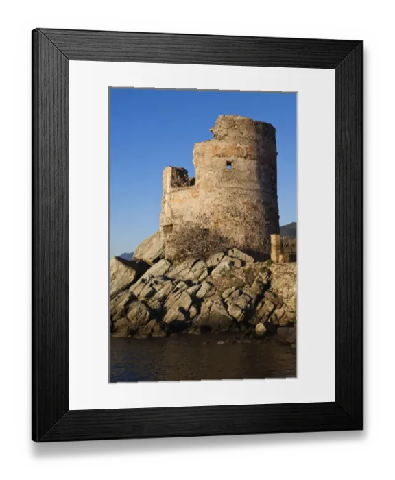 Framed Print : France, Corsica, Haute-Corse Department, Le Cap Corse, Erbalunga, Genoese Tower, dawn