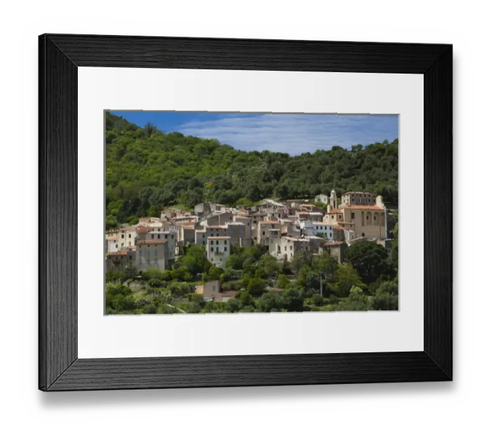 Framed Print : France, Corsica, Haute-Corse Department, La Balagne Region, Avapessa, elevated town view Framed Print : France, Corsica, Haute-Corse Department, La Balagne Region, Avapessa, elevated town view