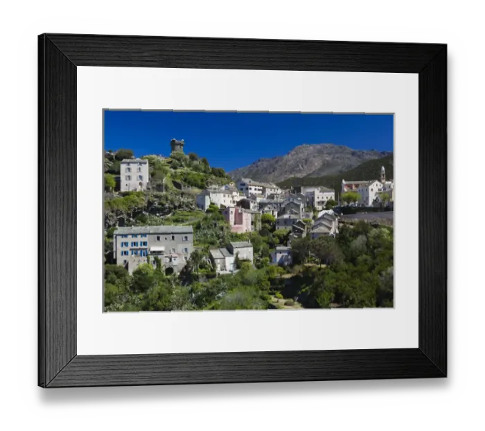 Framed Print : France, Corsica, Haute-Corse Department, Le Cap Corse, Nonza, elevated town view
