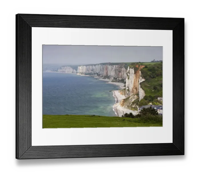 Framed Print : France, Normandy Region, Seine-Maritime Department, Yport, town and cliffs, elevated view Framed Print : France, Normandy Region, Seine-Maritime Department, Yport, town and cliffs, elevated view