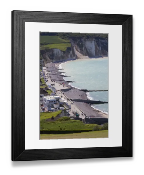Framed Print : France, Normandy Region, Seine-Maritime Department, Pourville Sur Mer, elevated view of town Framed Print : France, Normandy Region, Seine-Maritime Department, Pourville Sur Mer, elevated view of town