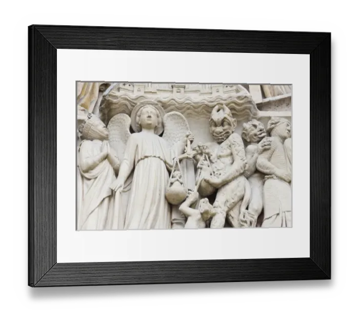 Framed Print : Statues depicting the judgement of souls, exterior of Notre Dame cathedral, Paris, France Framed Print : Statues depicting the judgement of souls, exterior of Notre Dame cathedral, Paris, France