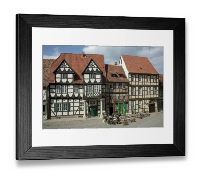 Framed Print : QUEDLINBURG18142-2012-BARTRUFF. CR2 - Half- timbered skyline buildings atop Castle Hill in 1