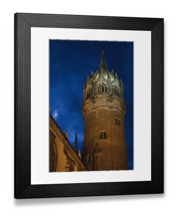 Framed Print : WITTENBERG18011-2012-BARTRUFF. CR2 - At dusk, the illuminated tower and spire of Castle Church Framed Print : WITTENBERG18011-2012-BARTRUFF. CR2 - At dusk, the illuminated tower and spire of Castle Church