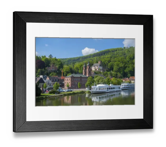 Framed Print : Europe, Germany, Bavaria, Miltenberg, boats docked near the old town