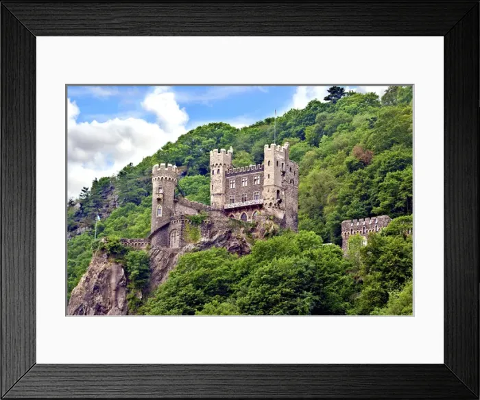 Framed Print : Rheinland-Pflaz, Germany, Castle Rheinstein stands on a cliff looking down to Framed Print : Rheinland-Pflaz, Germany, Castle Rheinstein stands on a cliff looking down to
