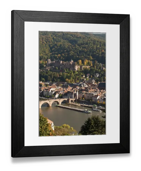 Framed Print : VIew of Heidelbergs Old Town, Neckar River and barg from the Philosophenweg