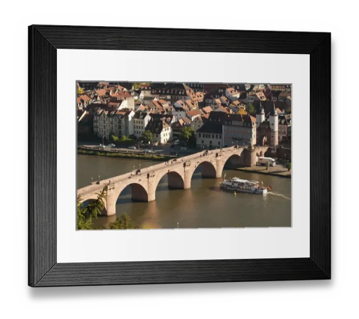 Framed Print : View of tour boat passing under the Alte Brucke or Old Bridge, Neckar River Heidelberg Castle