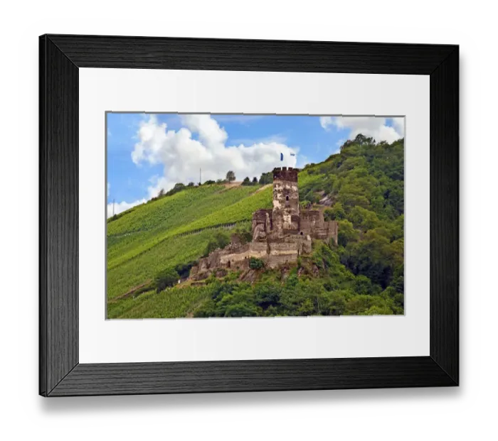 Framed Print : Germany, Rheindiebach, Rhine, Rhineland-Palatinate, Furstenberg castle ruins above Framed Print : Germany, Rheindiebach, Rhine, Rhineland-Palatinate, Furstenberg castle ruins above