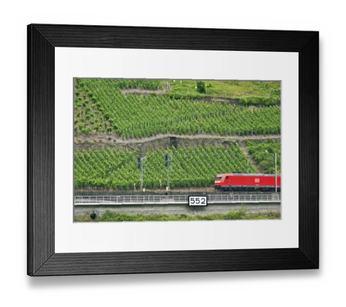 Framed Print : Koblenz, Germany, a high speed train rushes by Rhineland Vineyards along the bank Framed Print : Koblenz, Germany, a high speed train rushes by Rhineland Vineyards along the bank