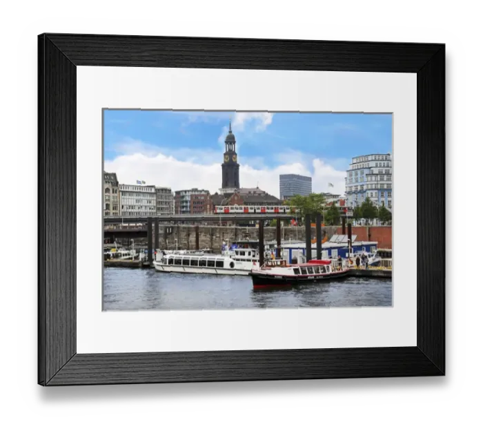Framed Print : Hamburg, Germany, tour boats docked along the waterfront warehouses and lofts in Framed Print : Hamburg, Germany, tour boats docked along the waterfront warehouses and lofts in