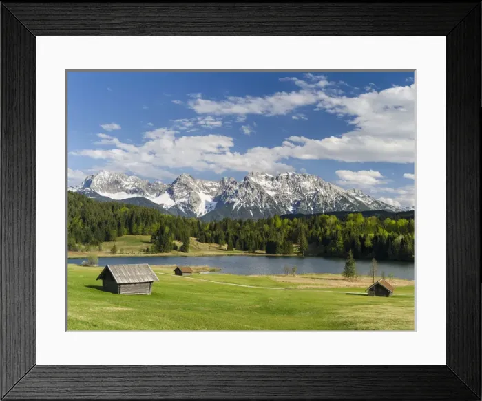Framed Print : The Karwendel Mountain Range near Mittenwald during spring, lake Wagenbruch (also called Geroldsee)