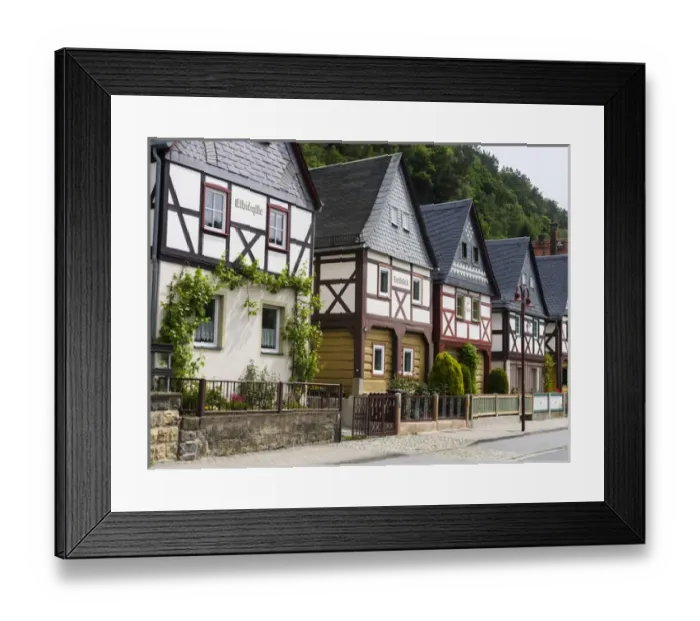 Framed Print : Traditional Half timbered buidlings in the village of Bad Schandau Postelwitz in summer Framed Print : Traditional Half timbered buidlings in the village of Bad Schandau Postelwitz in summer
