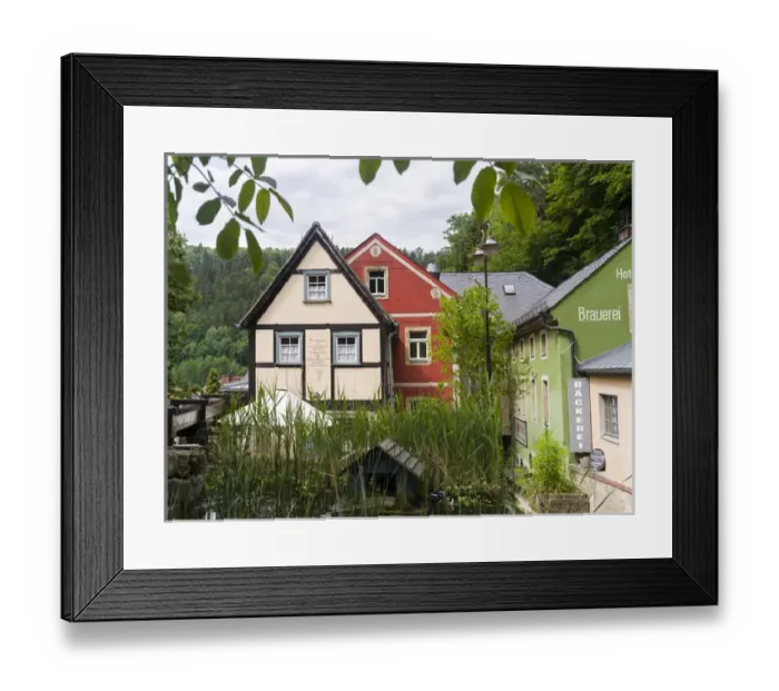 Framed Print : Traditional Half timbered buidlings in the village of Schmilka in summer, saxon switzerland