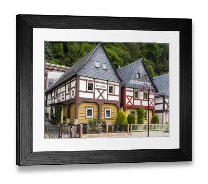 Framed Print : Traditional Half timbered buidlings in the village of Bad Schandau Postelwitz in summer Framed Print : Traditional Half timbered buidlings in the village of Bad Schandau Postelwitz in summer
