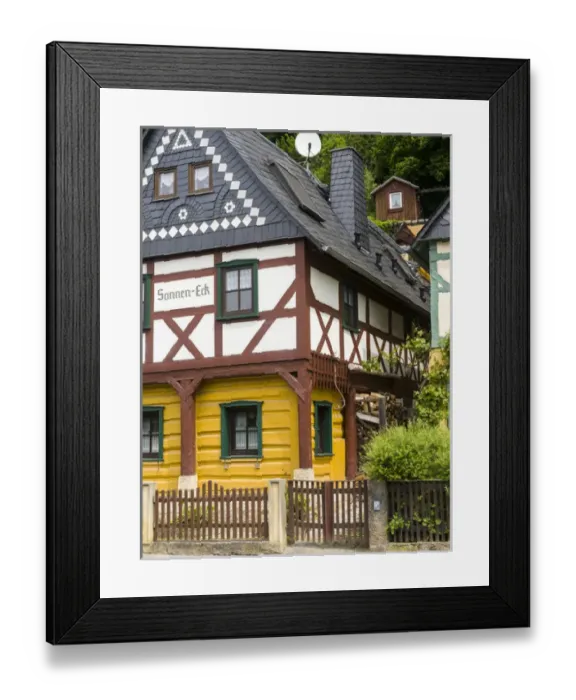 Framed Print : Traditional Half timbered buidlings in the village of Bad Schandau Postelwitz in summer Framed Print : Traditional Half timbered buidlings in the village of Bad Schandau Postelwitz in summer