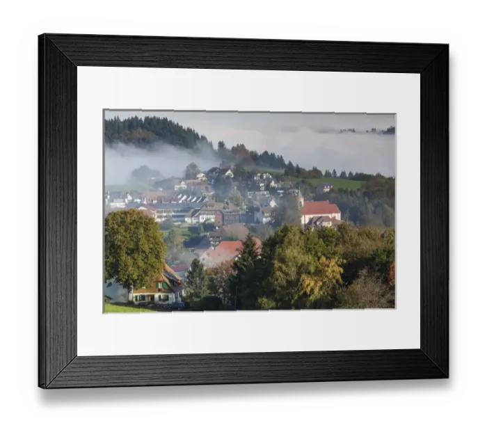 Framed Print : Germany, Baden-Wurttemburg, Black Forest, Horben, town view in morning fog, autumn