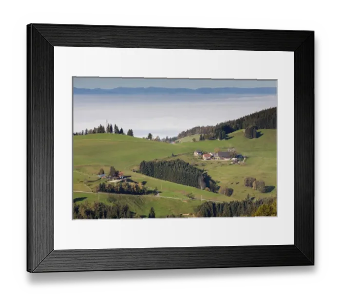 Framed Print : Germany, Baden-Wurttemburg, Black Forest, Horben, town view in morning fog, autumn