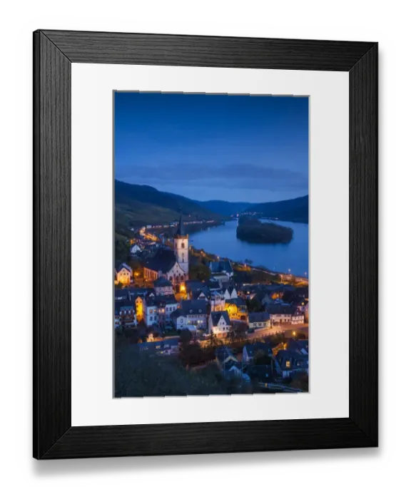 Framed Print : Germany, Hesse, Lorch am Rhein, elevated town view, dusk Framed Print : Germany, Hesse, Lorch am Rhein, elevated town view, dusk