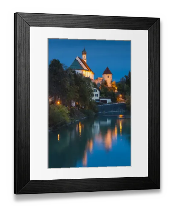 Framed Print : Germany, Bavaria, Fussen, Franciscan Abbey church and Lech River, evening