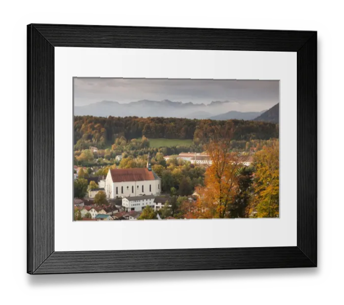 Framed Print : Germany, Bavaria, Bad Tolz, elevated town view from the Kalvarienberg, morning, fall Framed Print : Germany, Bavaria, Bad Tolz, elevated town view from the Kalvarienberg, morning, fall
